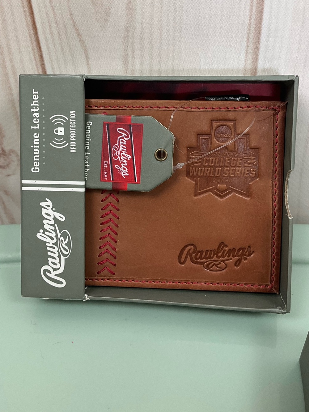 2022 Rawlings NCAA College World Series Tan Leather Bi-Fold Wallet Red Stitching